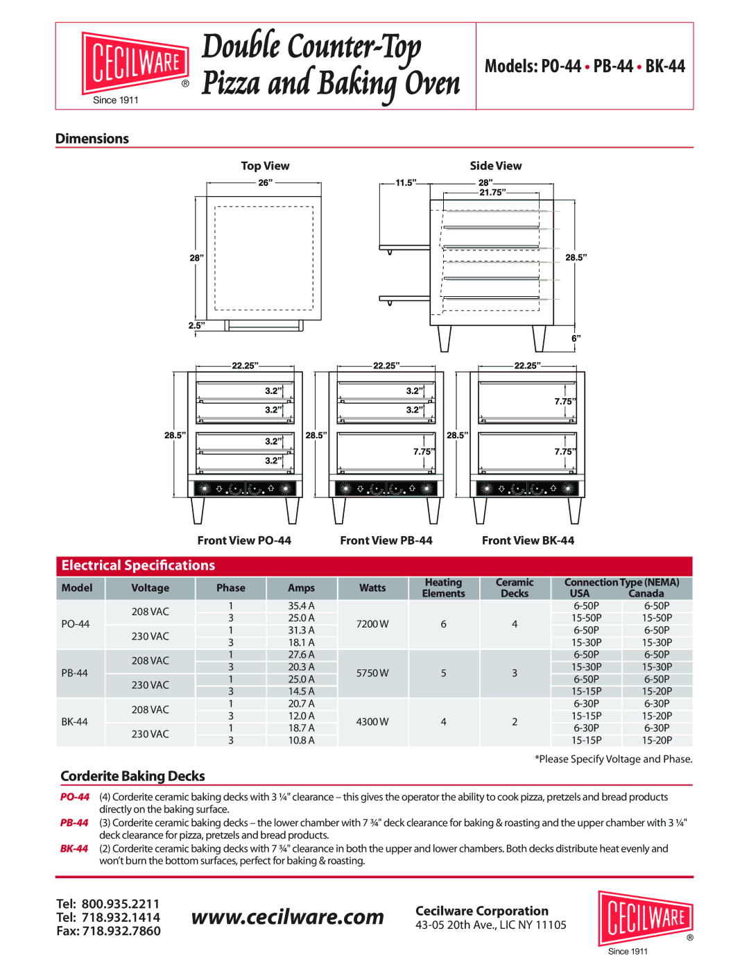 Cecilware BK-44, PO-44, PB-44 specifications Dimensions, Electrical Speciﬁcations, CorderiteBakingDecks 