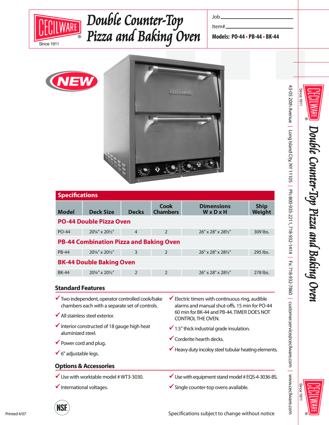 Cecilware PB-44 specifications Speciﬁcations, StandardFeatures, Options &Accessories, Model, Deck Size, Cook, Dimensions 