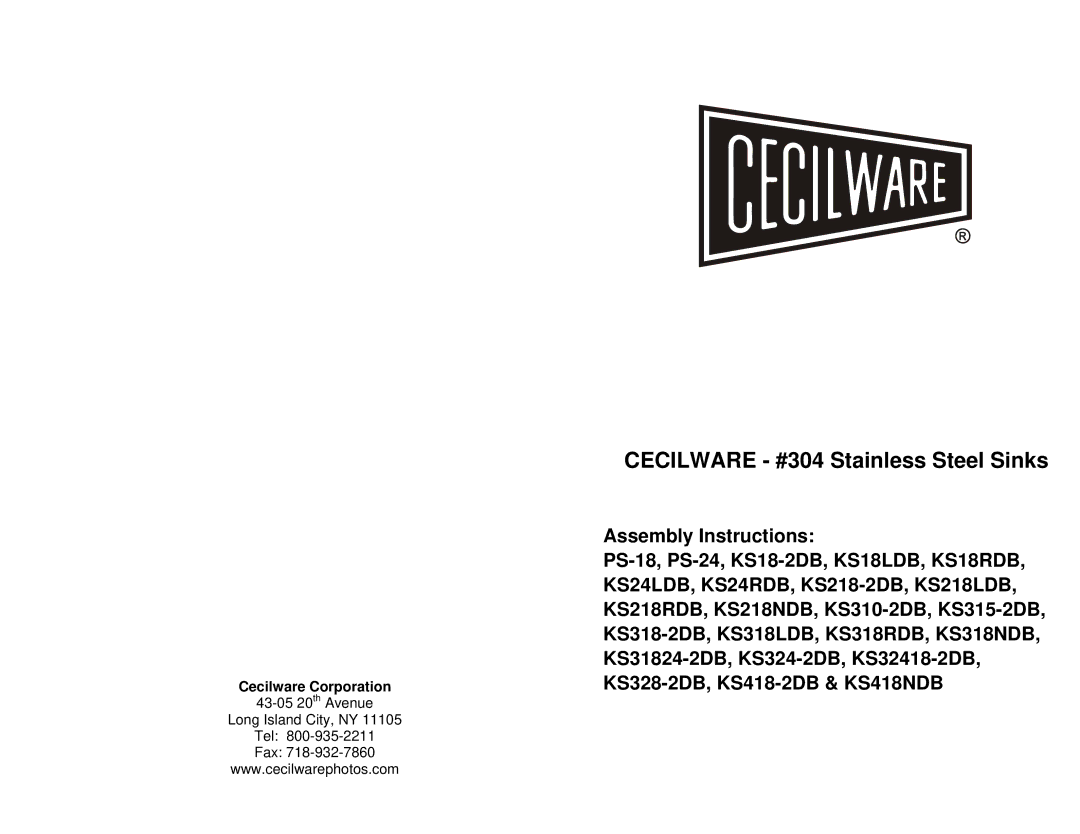 Cecilware PS24, PS18, KS18-LDB manual Cecilware #304 Stainless Steel Sinks, Assembly Instructions, Cecilware Corporation 