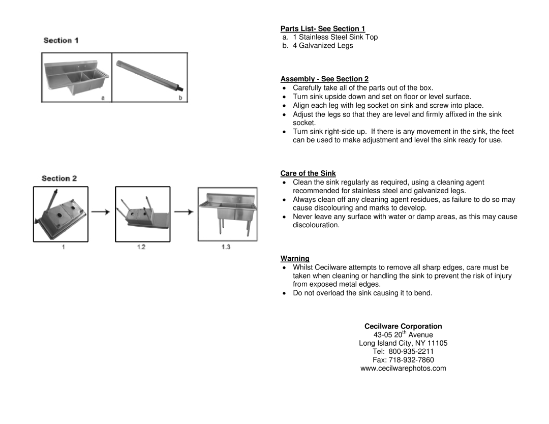 Cecilware KS18-LDB, PS18, PS24, KS18-2DB, KS18-RDB, KS318LDB Parts List- See Section, Assembly See Section, Care of the Sink 