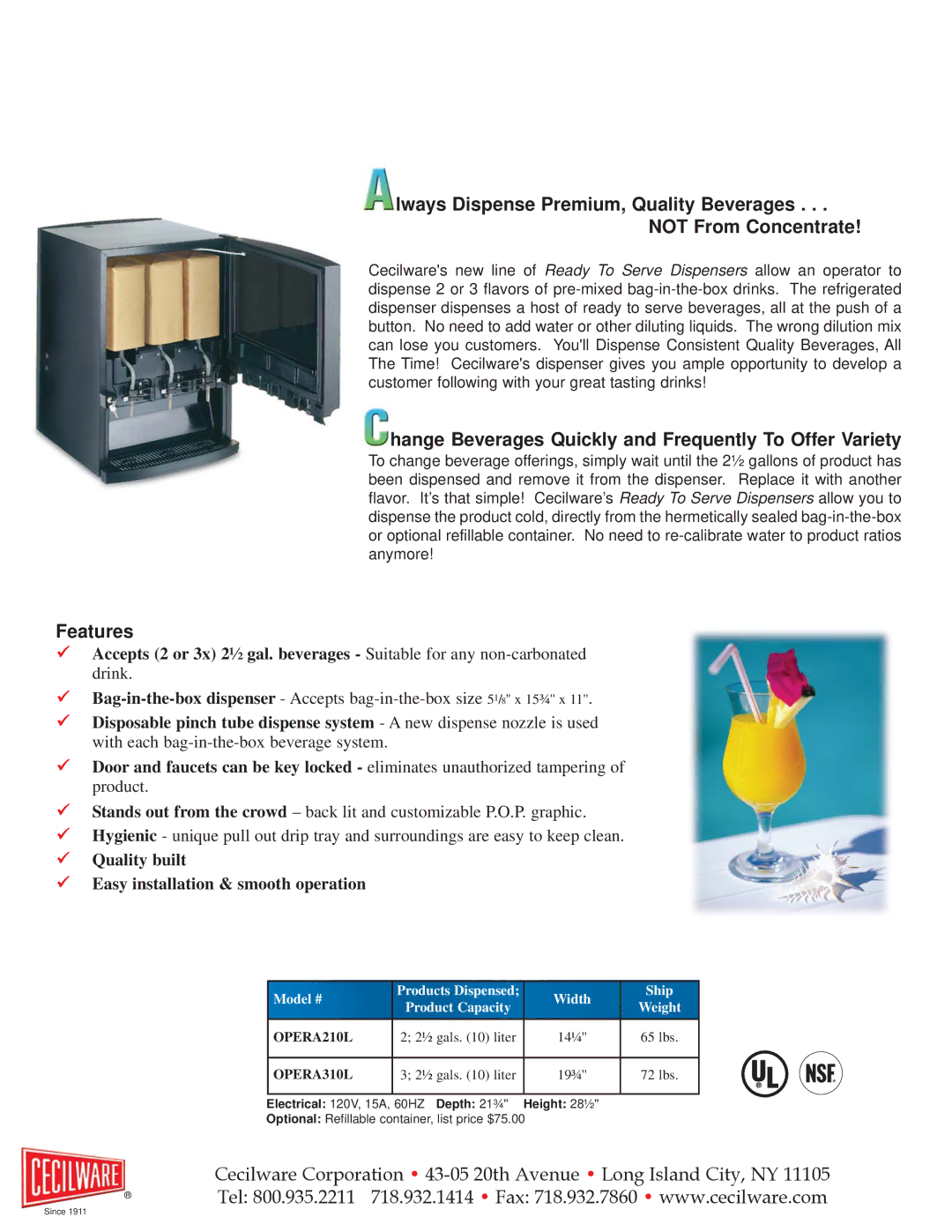 Cecilware Ready To Serve Dispenser Hange Beverages Quickly and Frequently To Offer Variety, Features, OPERA210L, OPERA310L 