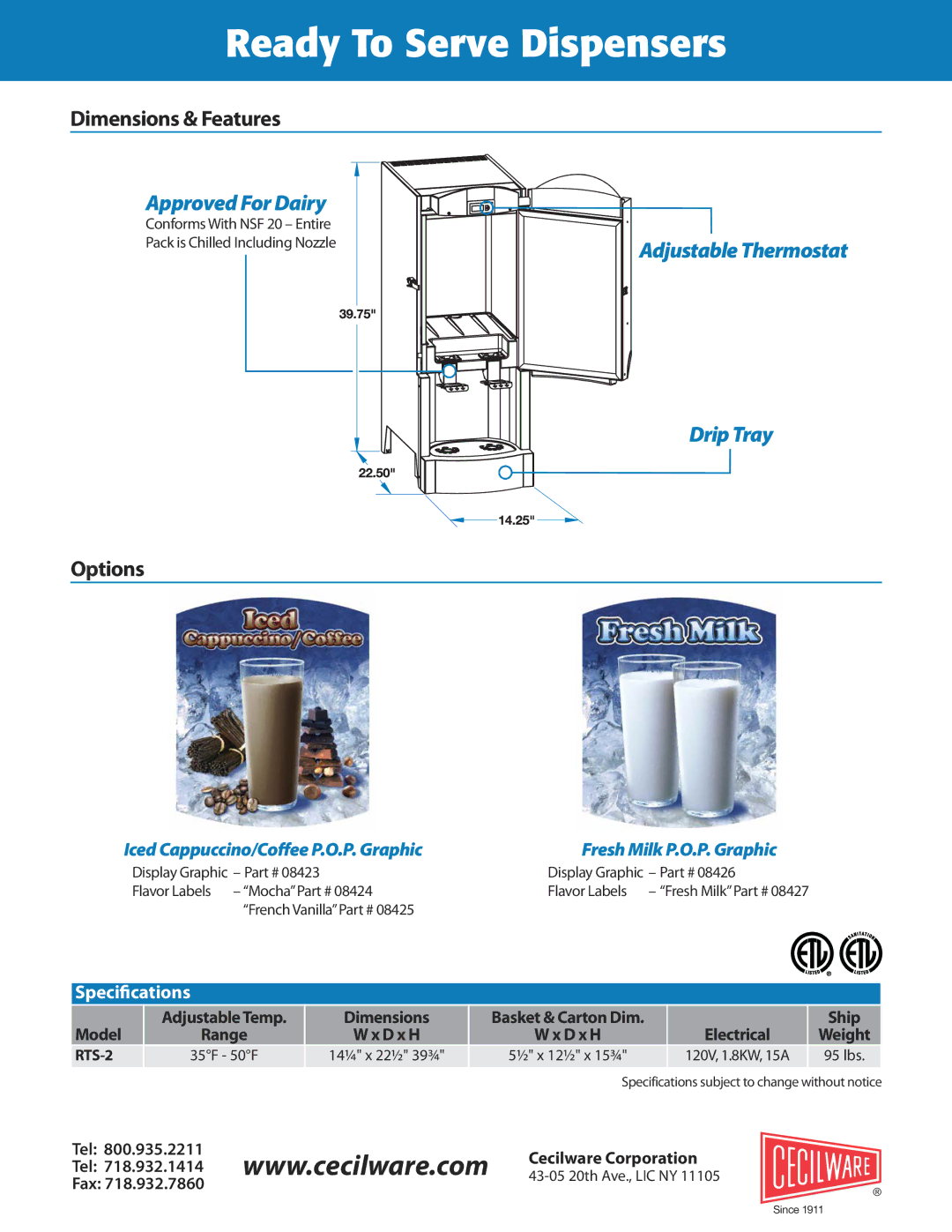 Cecilware Ready To Serve Dispensers specifications Dimensions& Features, Options 