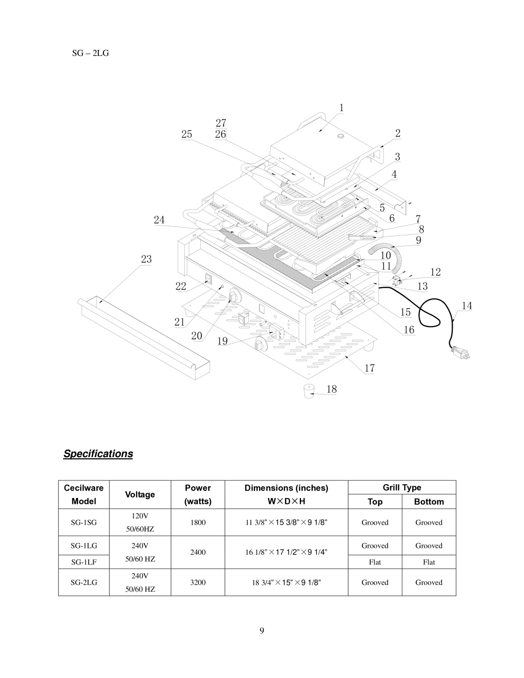 Cecilware SG-1SG operation manual Specifications, ×D×H 