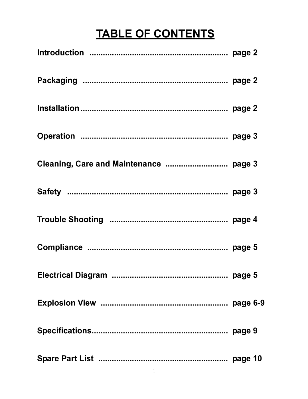 Cecilware SG-1SG operation manual Table of Contents 