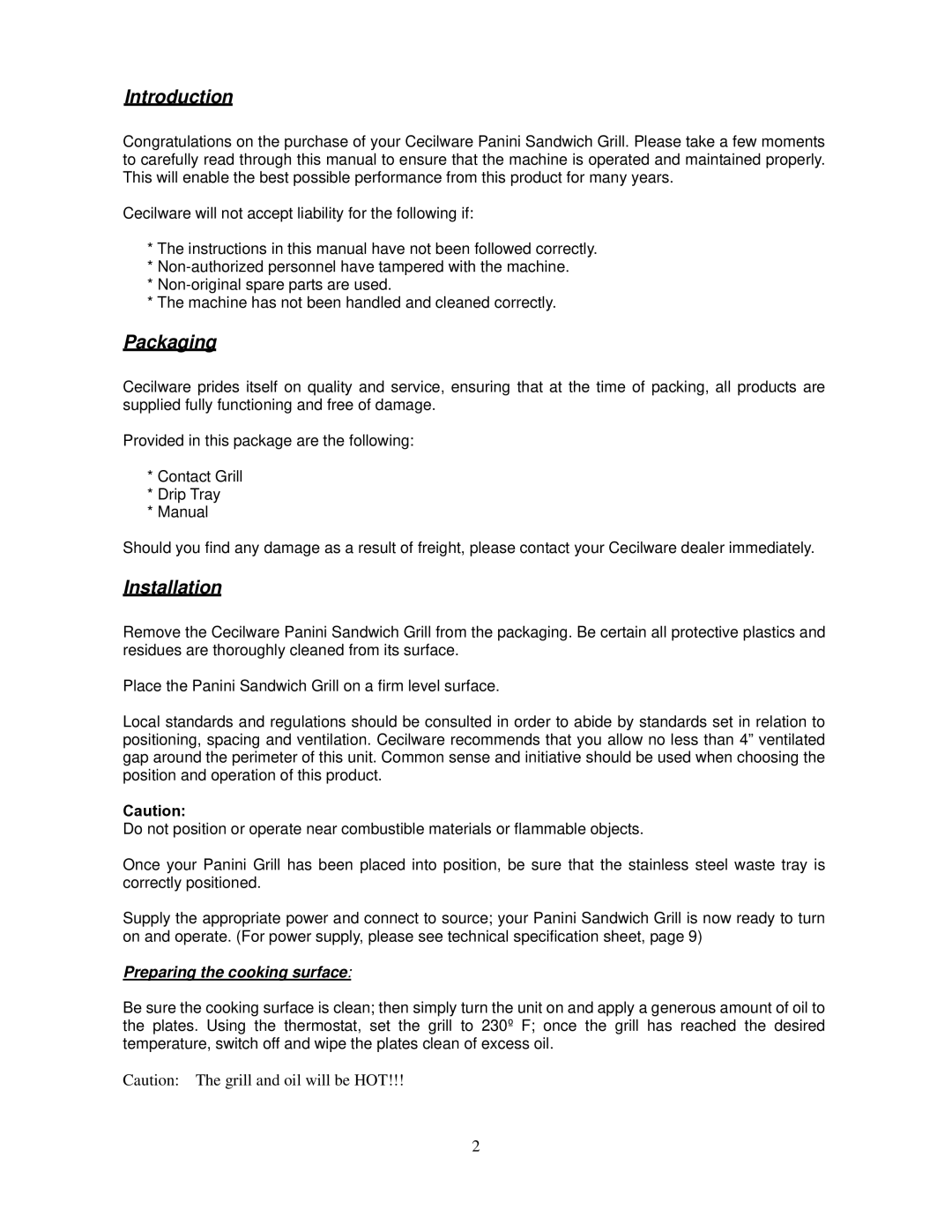 Cecilware SG-1SG operation manual Introduction, Packaging, Installation 