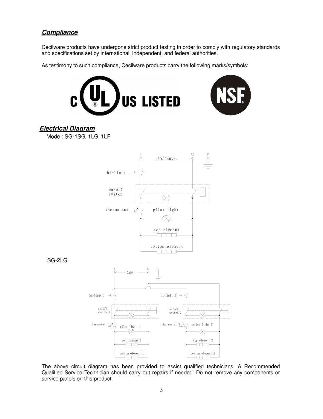 Cecilware SG-1SG operation manual Compliance, Electrical Diagram 