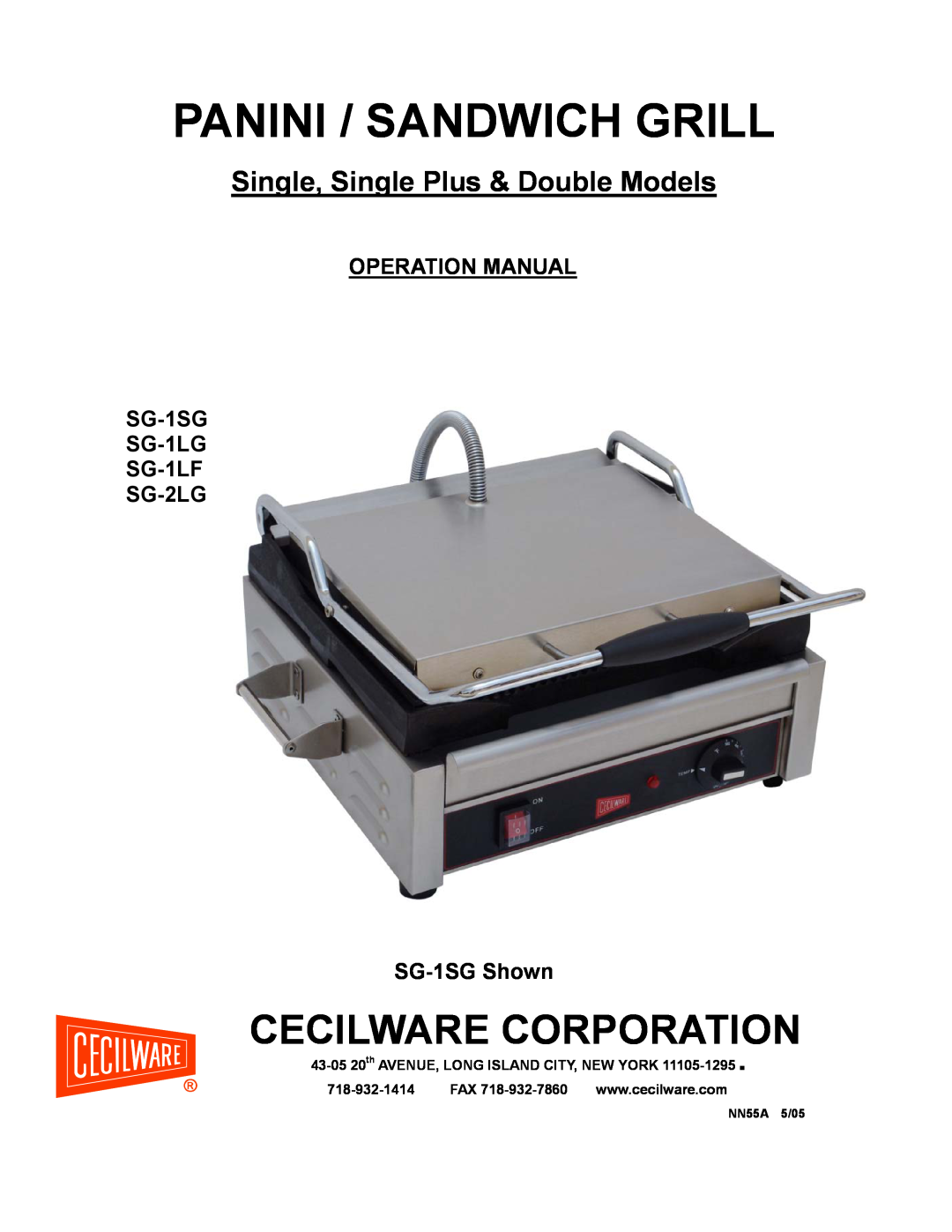 Cecilware SG-1SG operation manual Cecilware Corporation, Panini / Sandwich Grill, Single, Single Plus & Double Models 