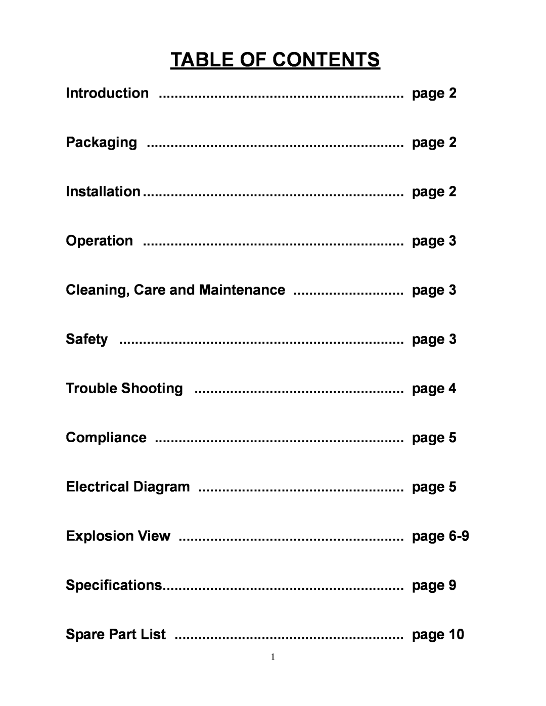 Cecilware SG-1SG operation manual Table Of Contents, page 