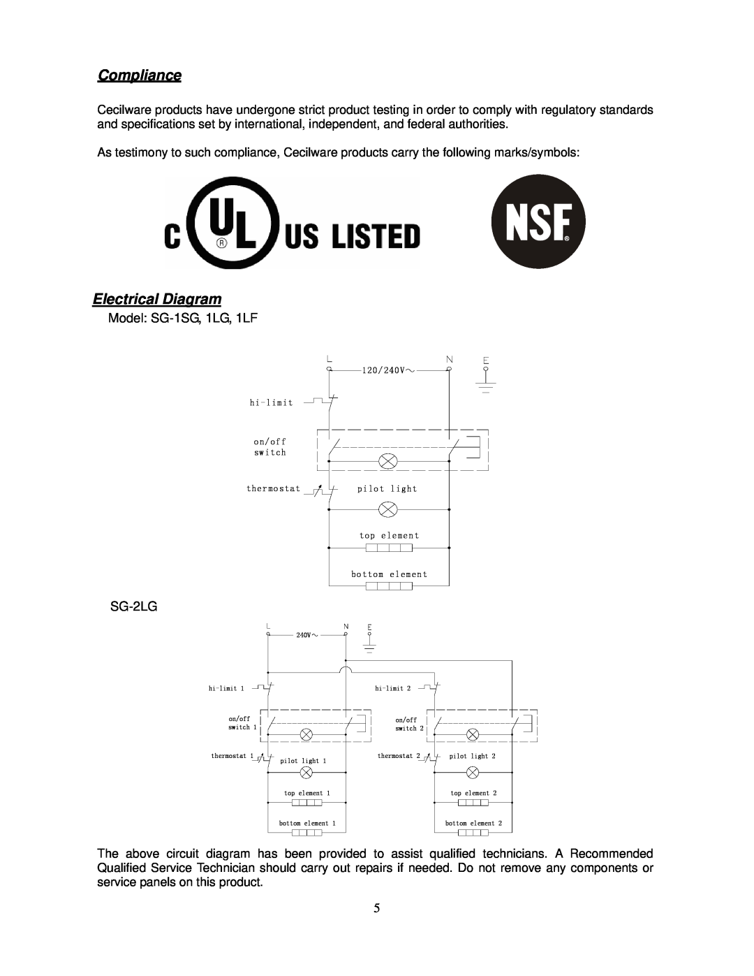 Cecilware operation manual Compliance, Electrical Diagram, Model SG-1SG, 1LG, 1LF, SG-2LG 