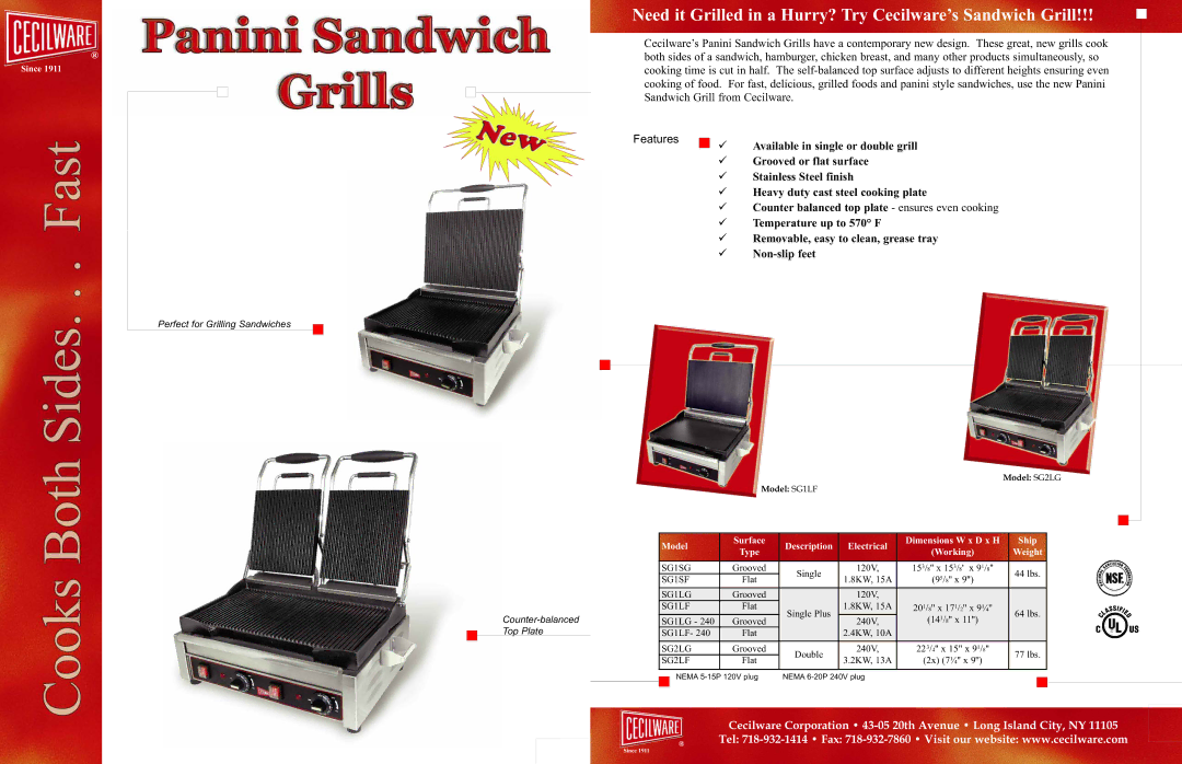 Cecilware SG2LF, SG1LF- 240, SG1SF, SG1LG dimensions Need it Grilled in a Hurry? Try Cecilware’s Sandwich Grill, Features 