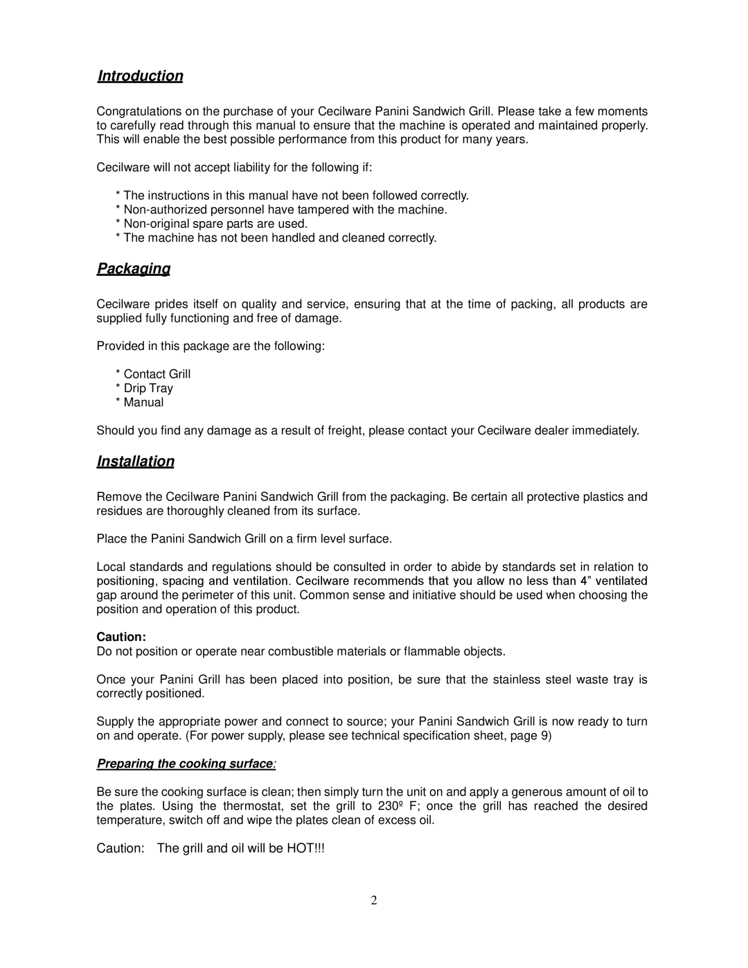 Cecilware SG2LG operation manual Introduction, Packaging, Installation 