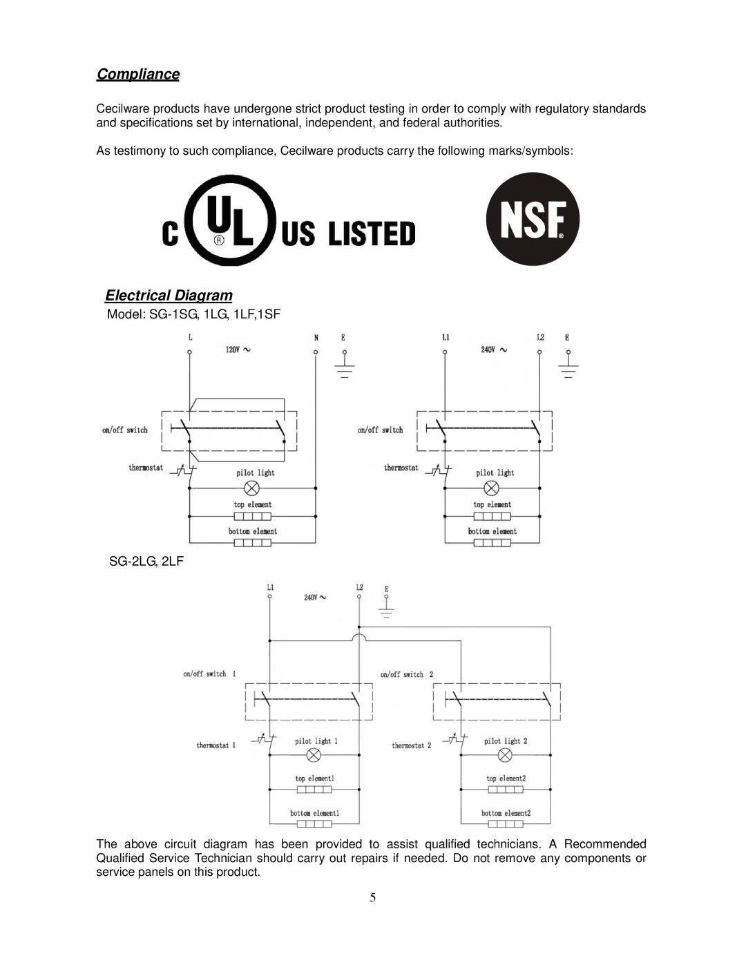 Cecilware SG2LG operation manual Compliance, Electrical Diagram 