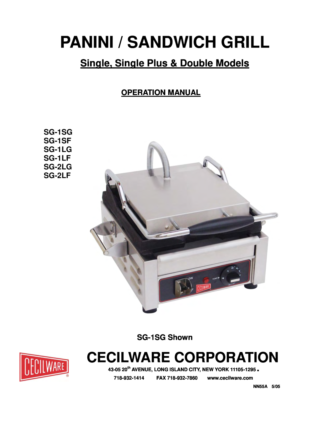 Cecilware SG2LG operation manual Cecilware Corporation, Panini / Sandwich Grill, Single, Single Plus & Double Models 