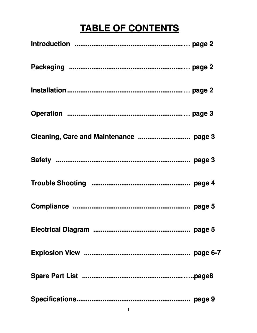 Cecilware SG2LG operation manual Table Of Contents 