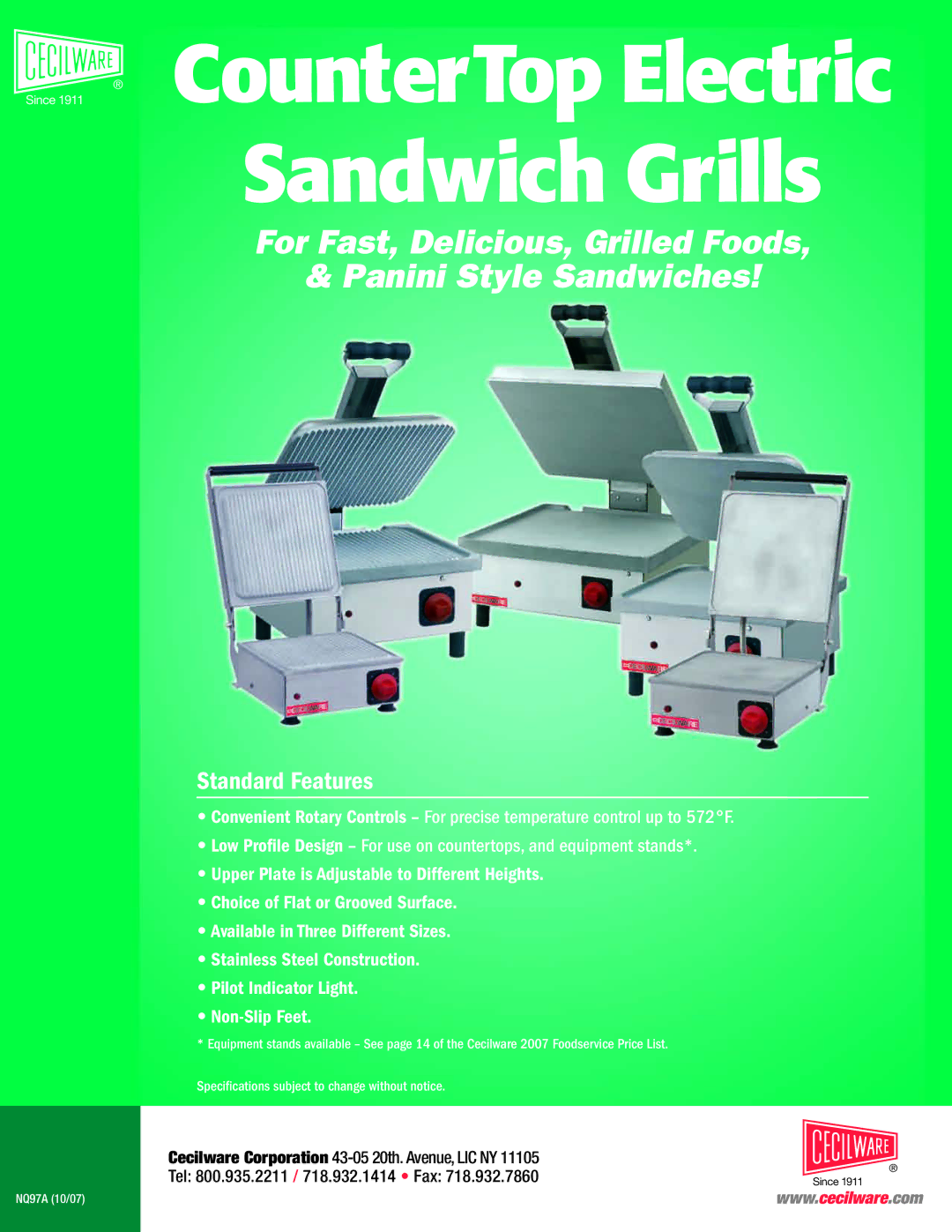 Cecilware MRSGA-120, SRSGA-120, MFSGA-120 specifications Since 1911 CounterTop Electric Sandwich Grills, Standard Features 