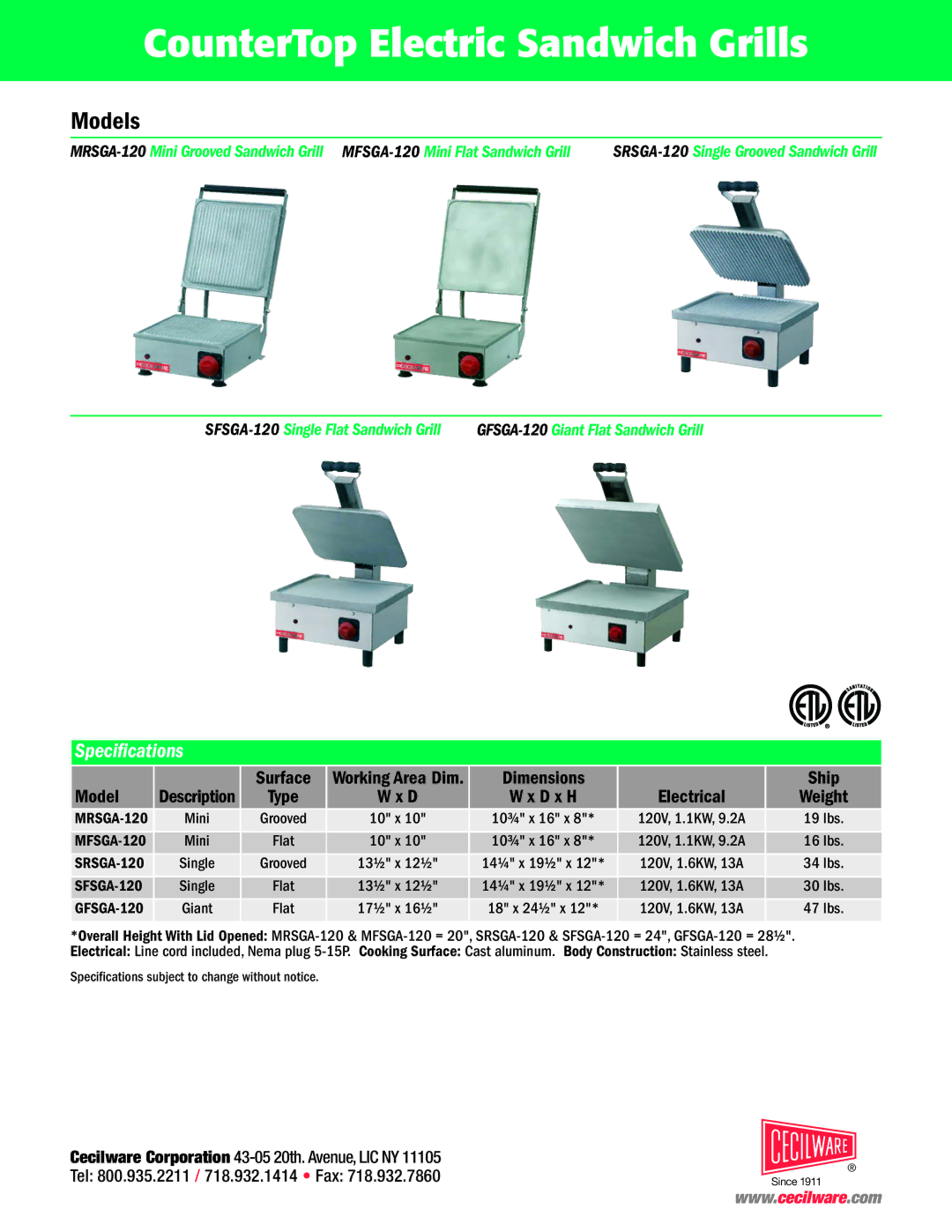 Cecilware MFSGA-120, SRSGA-120, MRSGA-120 CounterTop Electric Sandwich Grills, Models, Specications, Electrical 