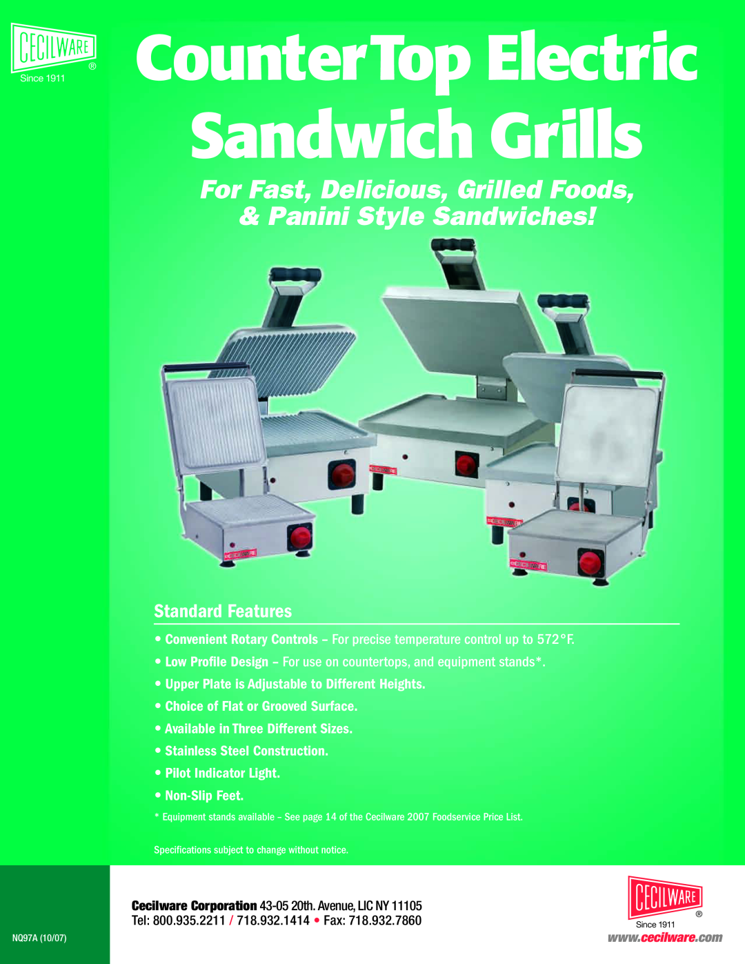 Cecilware MRSGA-120 specifications Since 1911 CounterTop Electric Sandwich Grills, For Fast, Delicious, Grilled Foods 