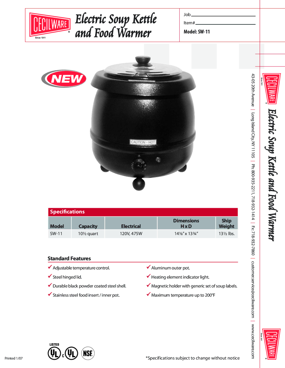 Cecilware specifications Food Warmer, Model SW-11, Specications, StandardFeatures 