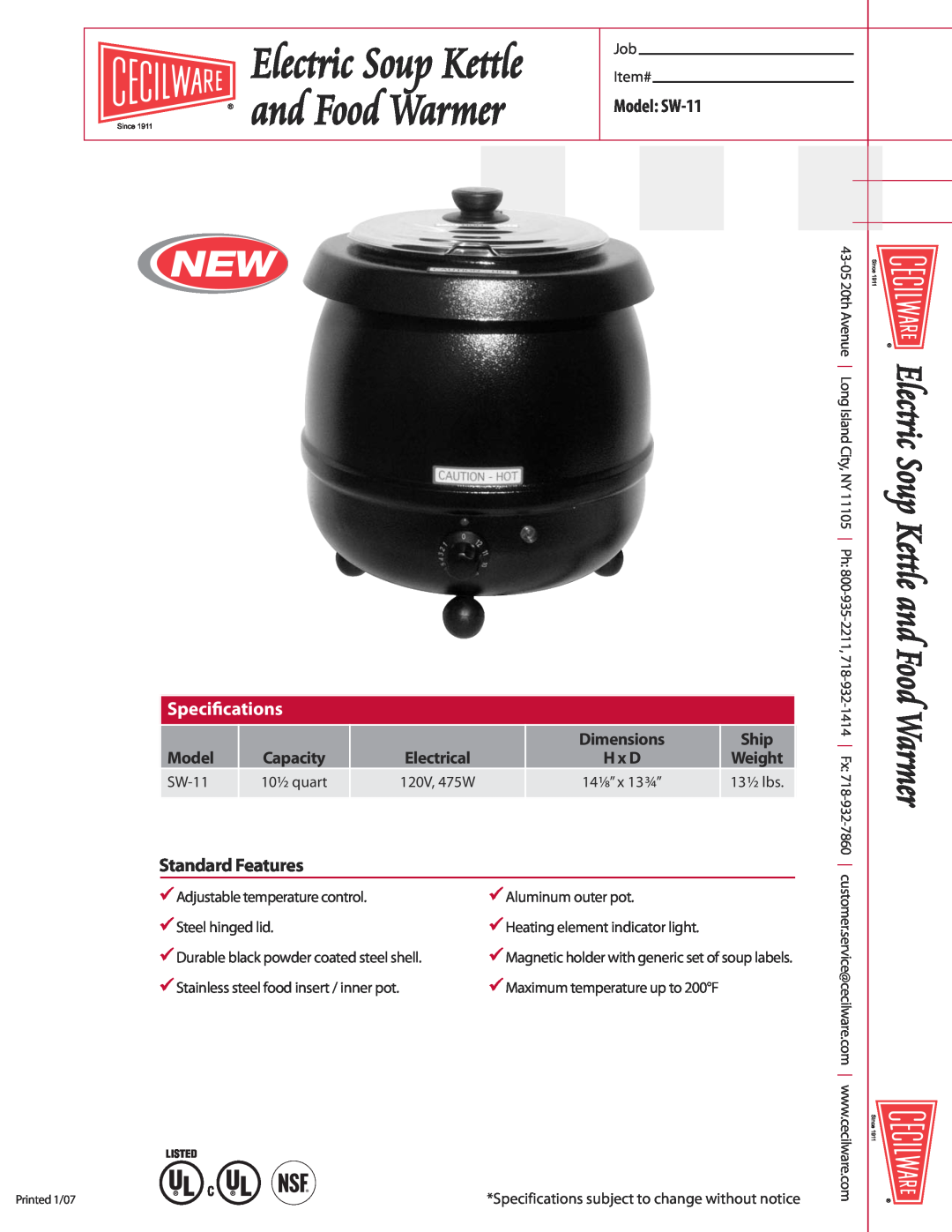 Cecilware specifications Electric Soup Kettle and Food Warmer, Model SW-11, Specications, StandardFeatures 