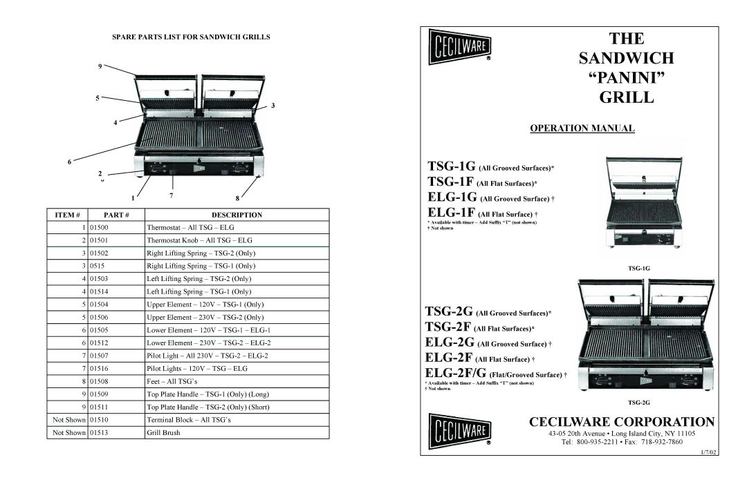 Cecilware TSG-2F, TSG-1G, TSG-2G, ELG-2G, ELG-1F, ELG-2F, TSG-1F operation manual Sandwich Panini Grill, Cecilware Corporation 