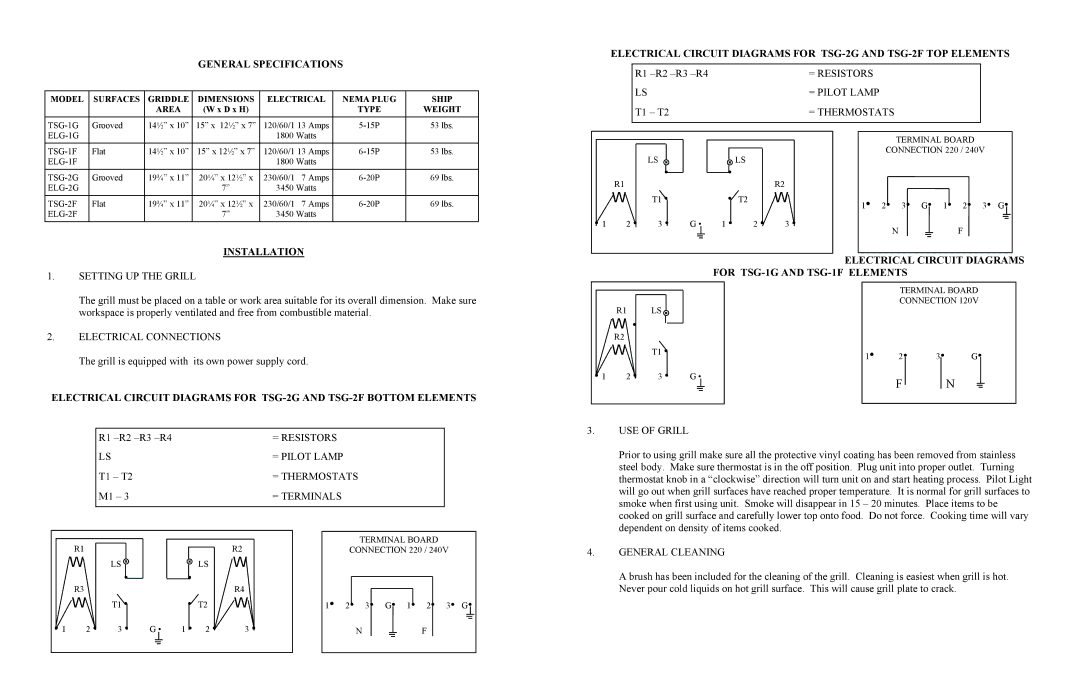 Cecilware TSG-2G, TSG-1G, TSG-2F, ELG-2G, ELG-1F, ELG-2F, TSG-1F, ELG-1G 3 G 1 2 3 G, General Specifications, Installation 