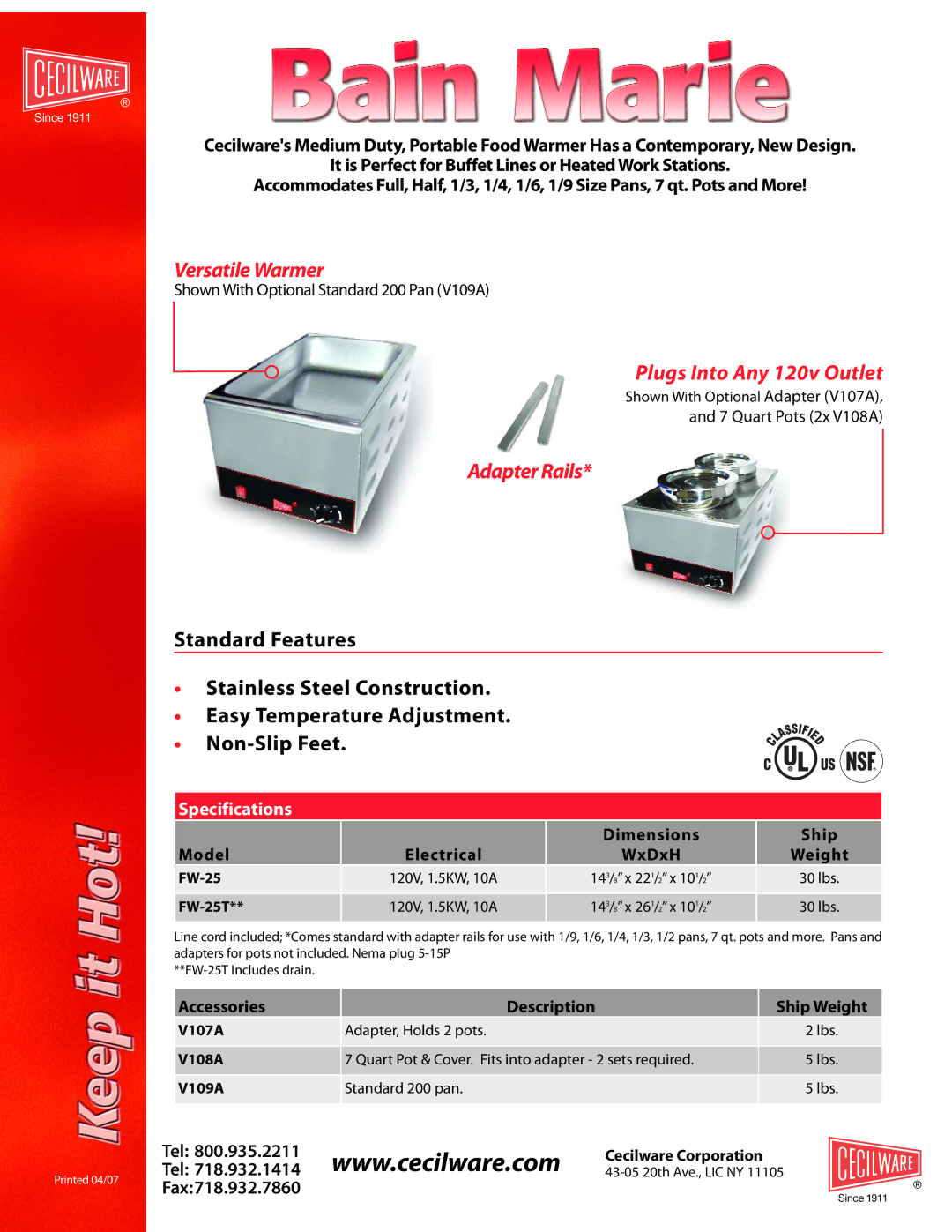 Cecilware V107A, V108A, V109A specifications Versatile Warmer, Plugs Into Any 120v Outlet, Adapter Rails, Specifications 