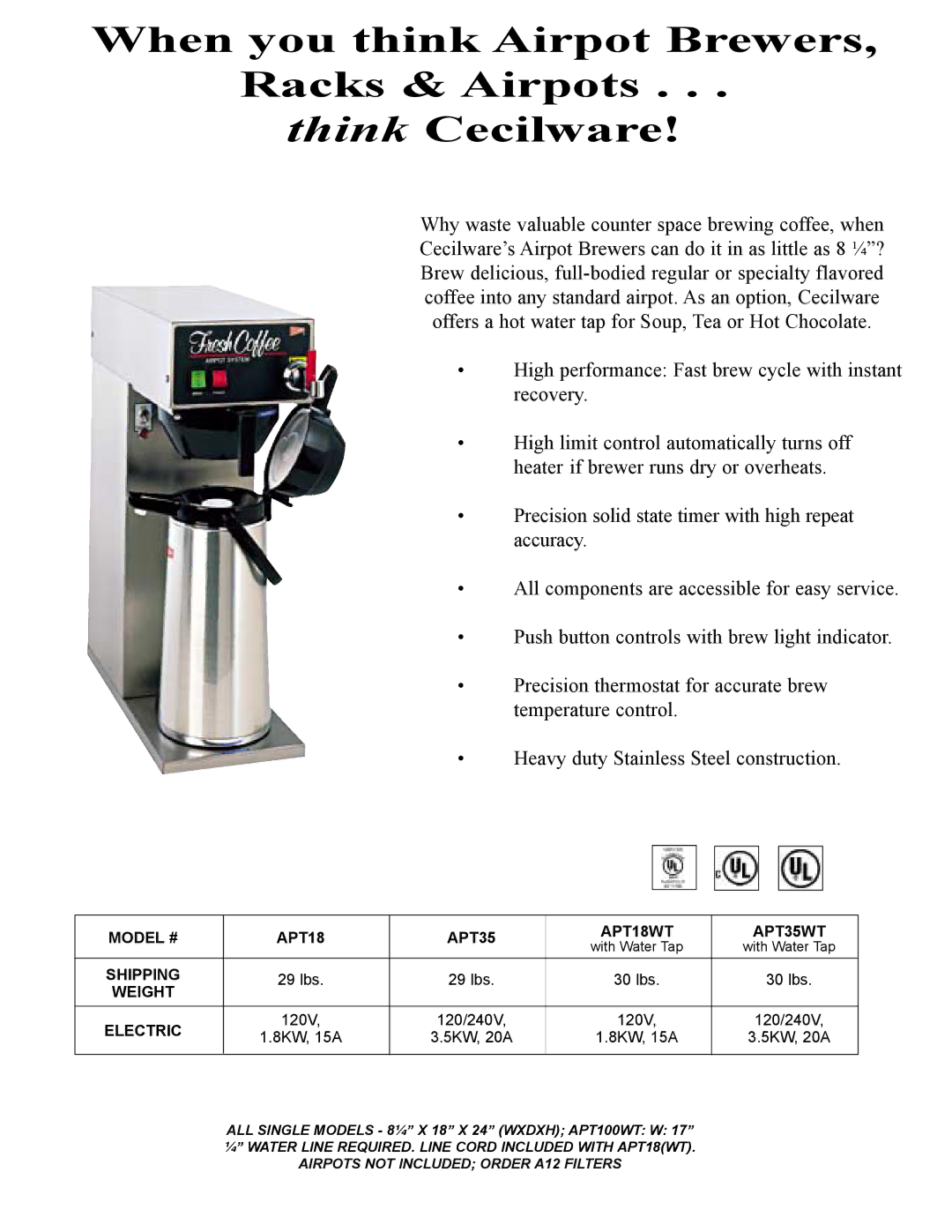 Cecilware V278A manual Model # APT18 APT35 APT18WT APT35WT, Shipping, lbs 30 lbs, Weight Electric 