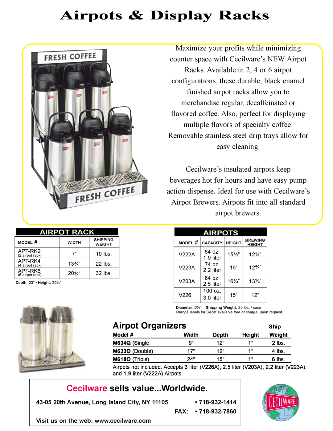 Cecilware V278A manual Airpots & Display Racks, Airpot Organizers, Cecilware sells value...Worldwide 