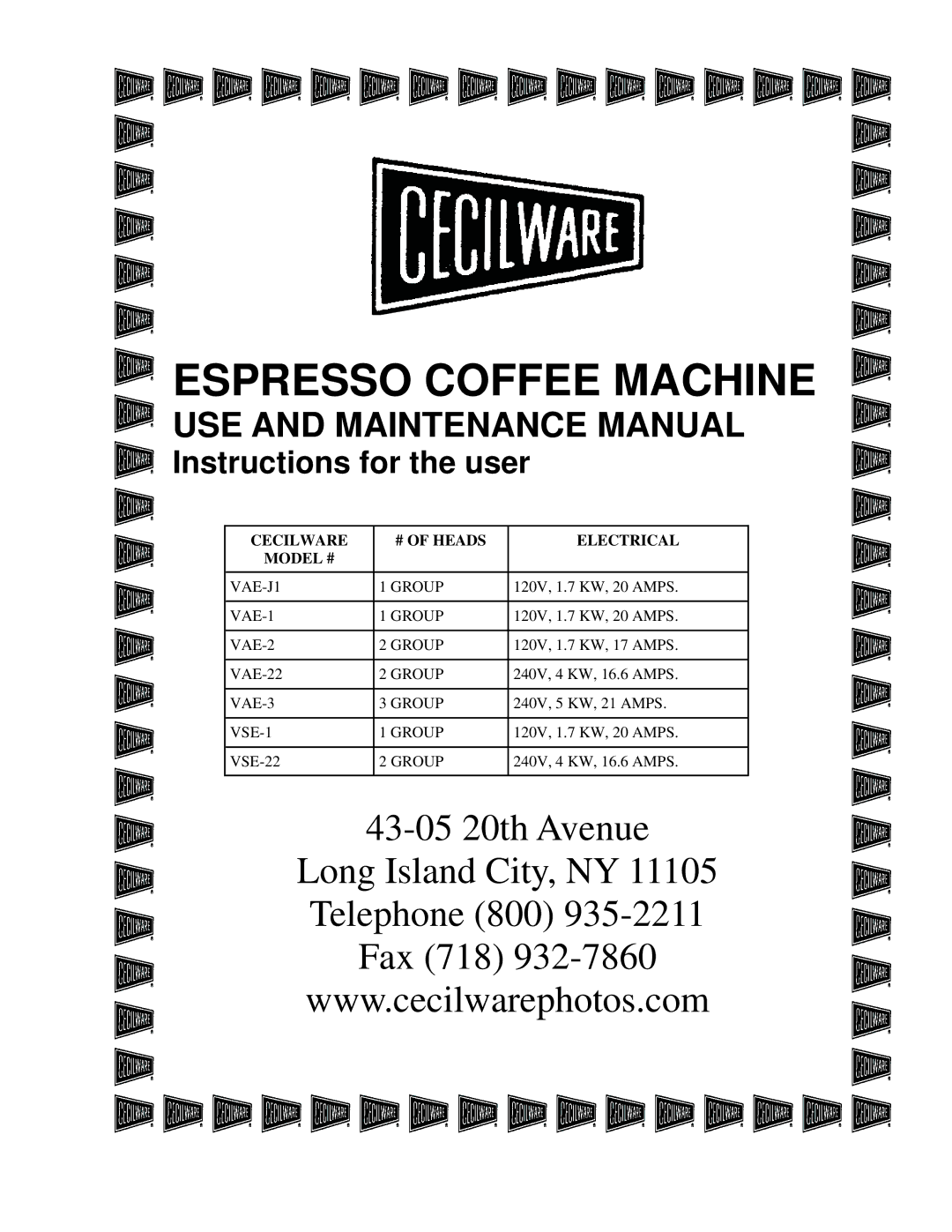 Cecilware VAE-J1 manual Espresso Coffee Machine 