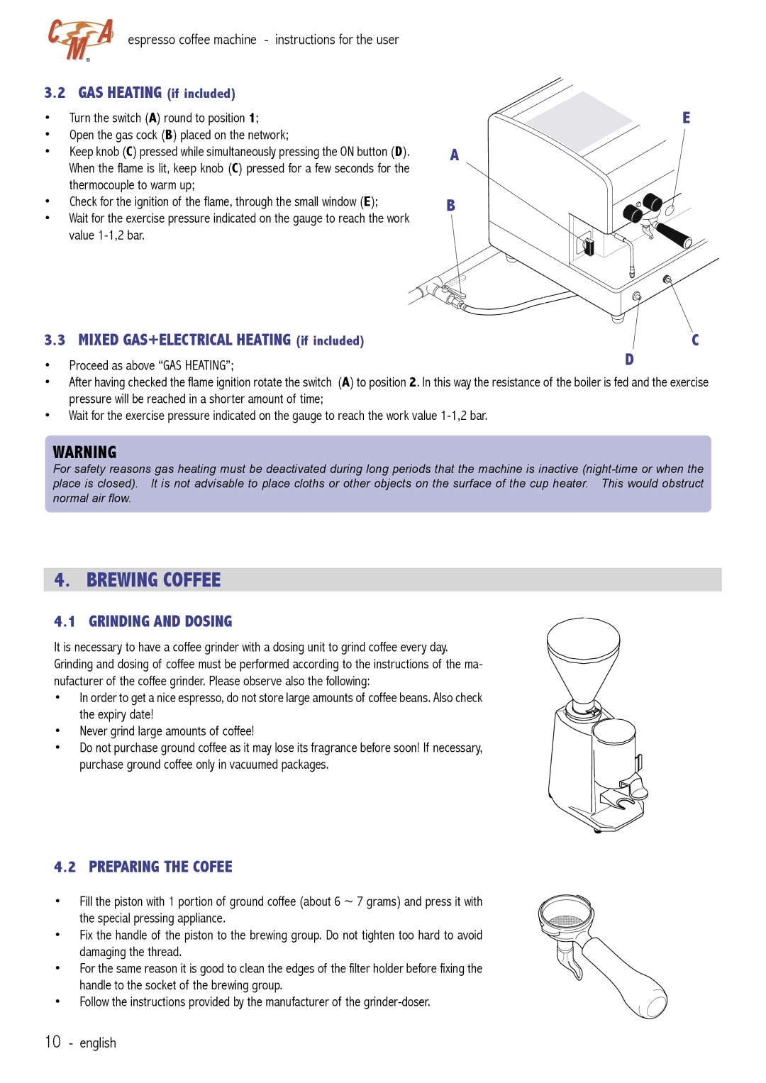 Cecilware VAE-J1 manual Brewing Coffee, Mixed GAS+ELECTRICAL Heating if included, Grinding and Dosing, Preparing the Cofee 