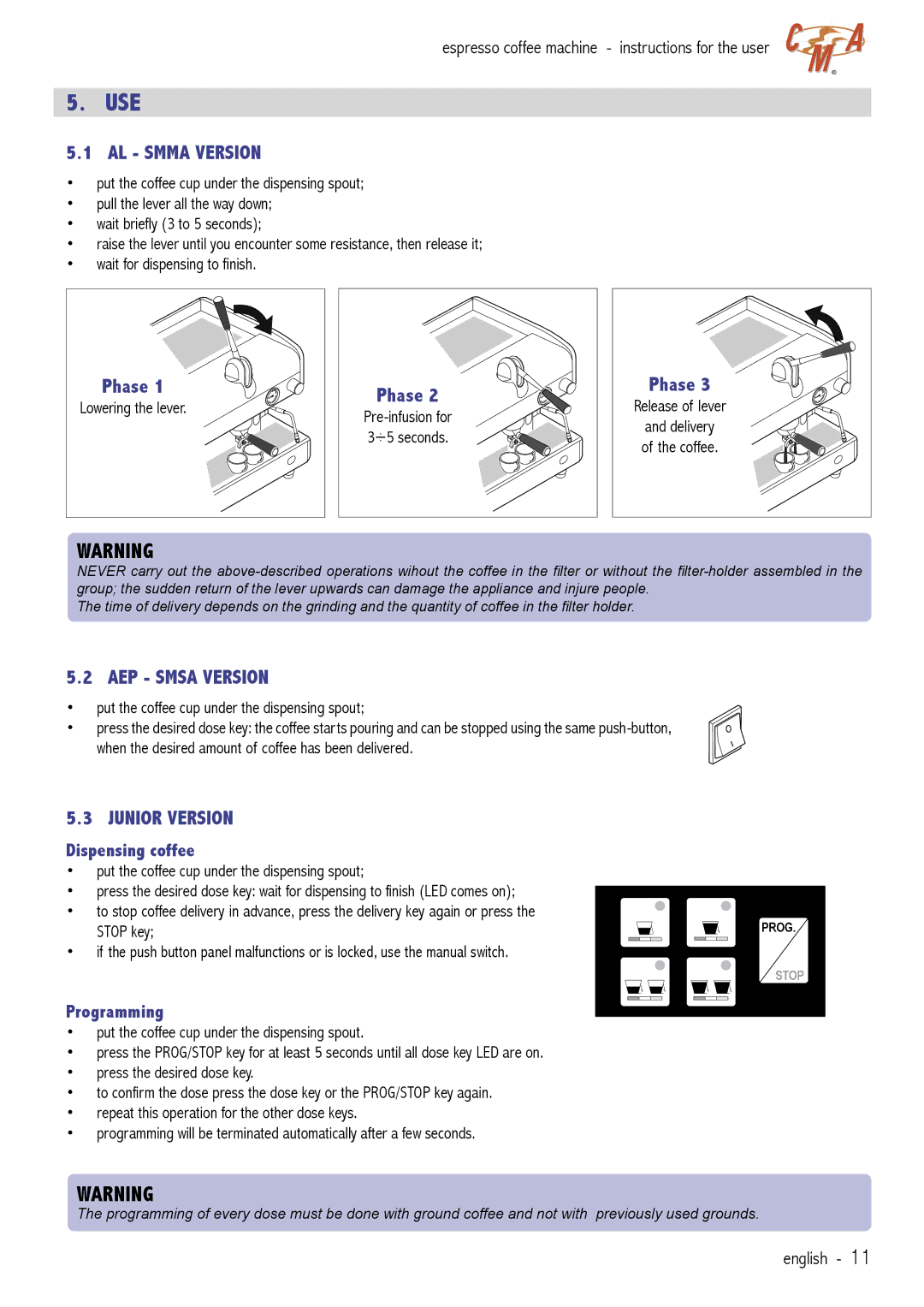 Cecilware VAE-J1 manual AL Smma Version, Phase, AEP Smsa Version, Junior Version 