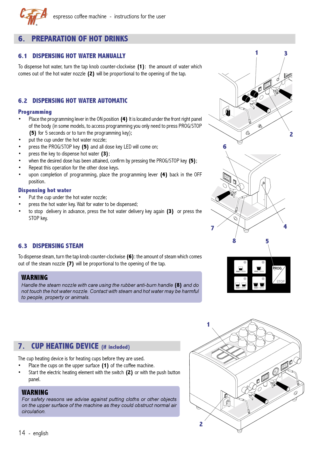 Cecilware VAE-J1 manual Preparation of HOT Drinks, Dispensing HOT Water Manually, Dispensing HOT Water Automatic 