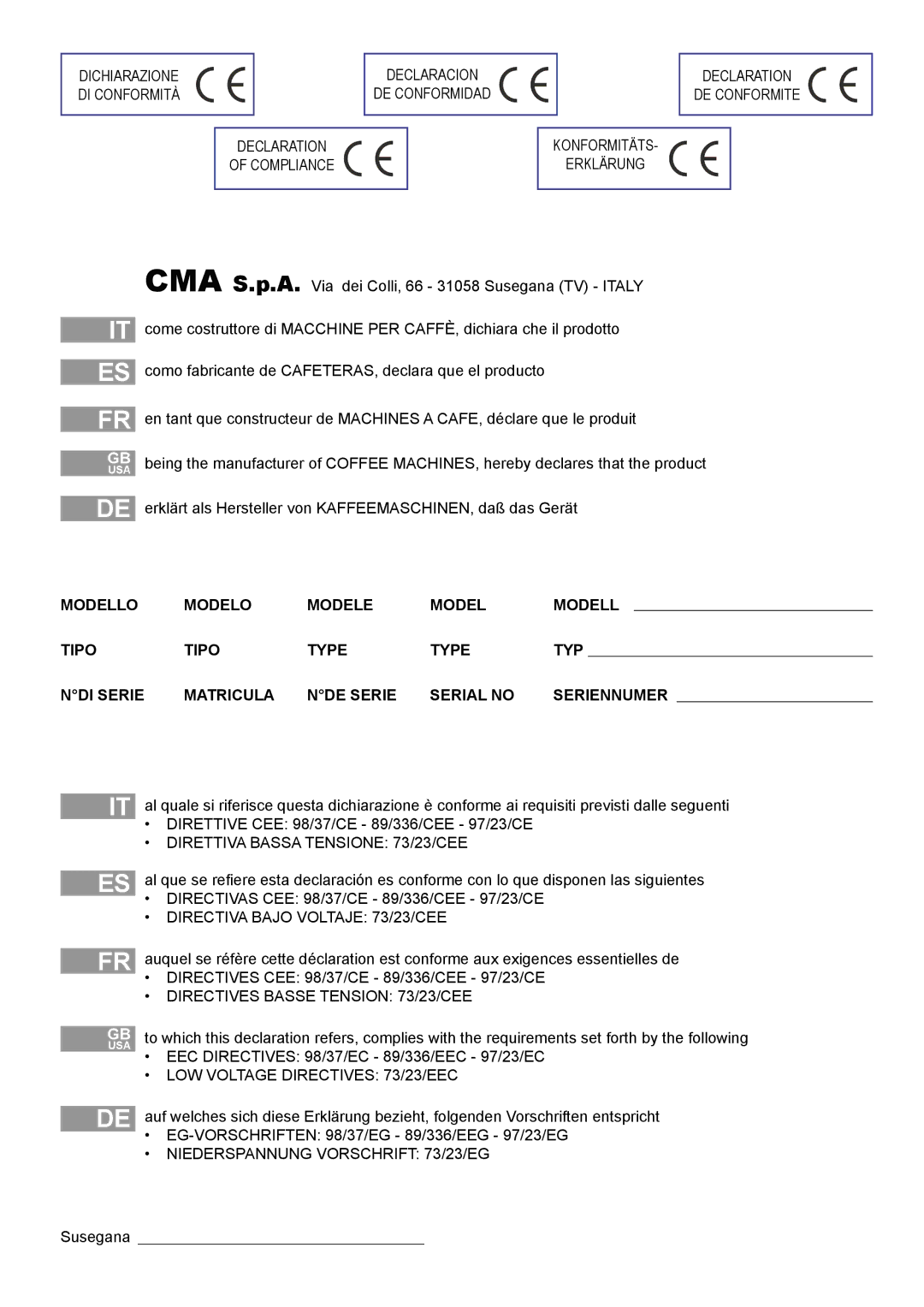 Cecilware VAE-J1 manual Dichiarazione 