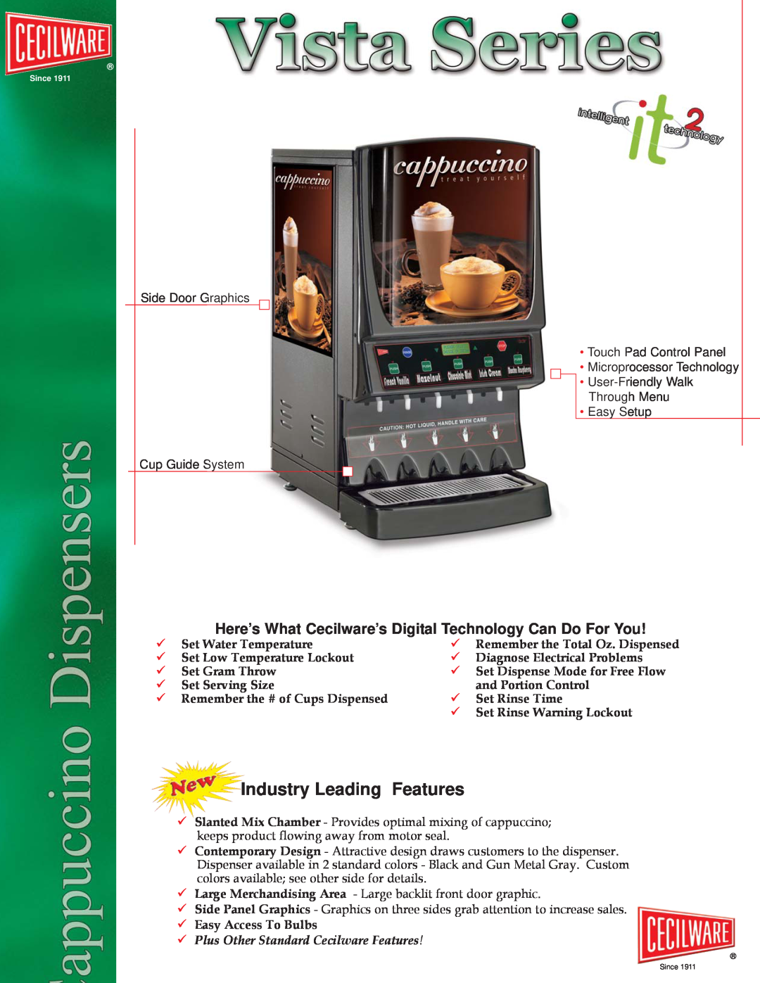 Cecilware Vista Series manual Industry Leading Features, Side Door Graphics Touch Pad Control Panel 