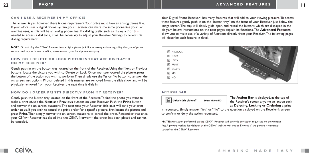 Ceiva LF-2003 manual V a N C E D F E a T U R E S, Can I USE a Receiver in MY OFFICE?, Action BAR 