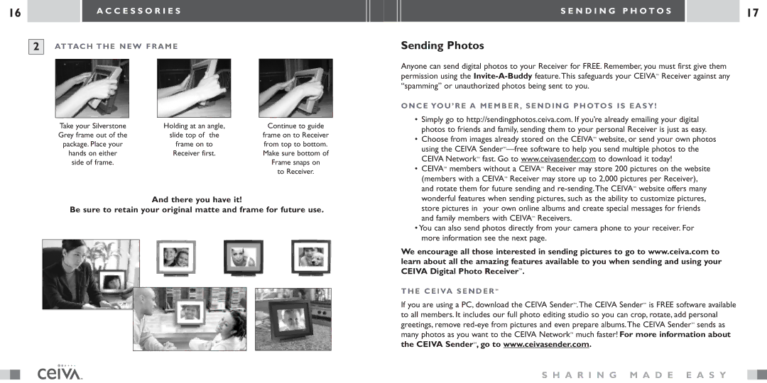 Ceiva LF-2003 manual Attach the NEW Frame, Once YOU’RE a MEMBER, Sending Photos is Easy, Ceiva Sender TM 