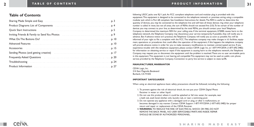 Ceiva LF-2003 manual Table of Contents 