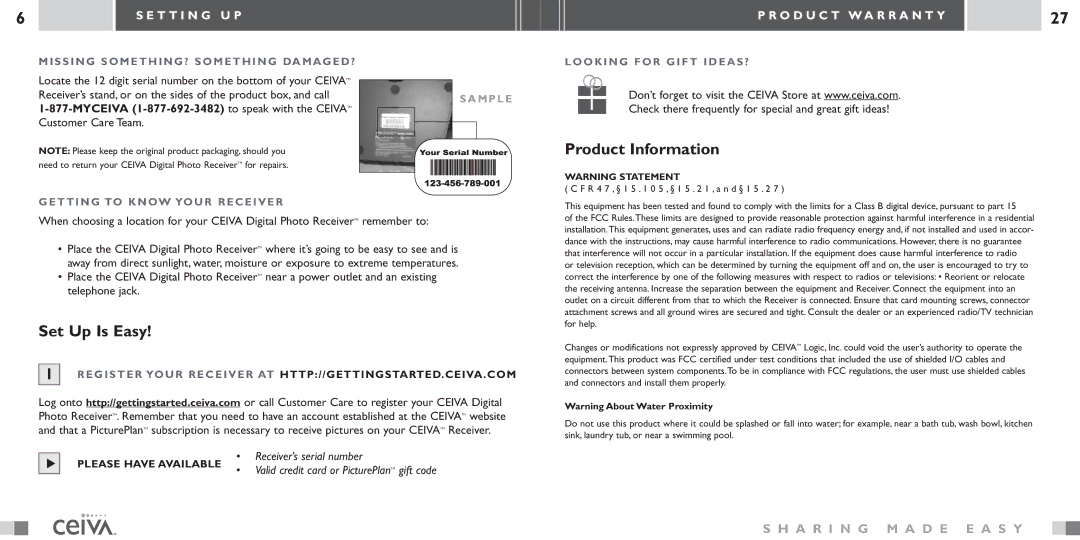 Ceiva LF-2003 manual Set Up Is Easy, Product Information, T T I N G U P 