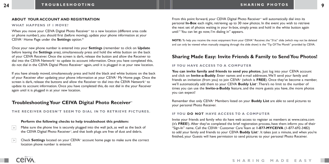 Ceiva LF-2003 manual Troubleshooting Your Ceiva Digital Photo ReceiverTM, A R I N G P H O T O S 