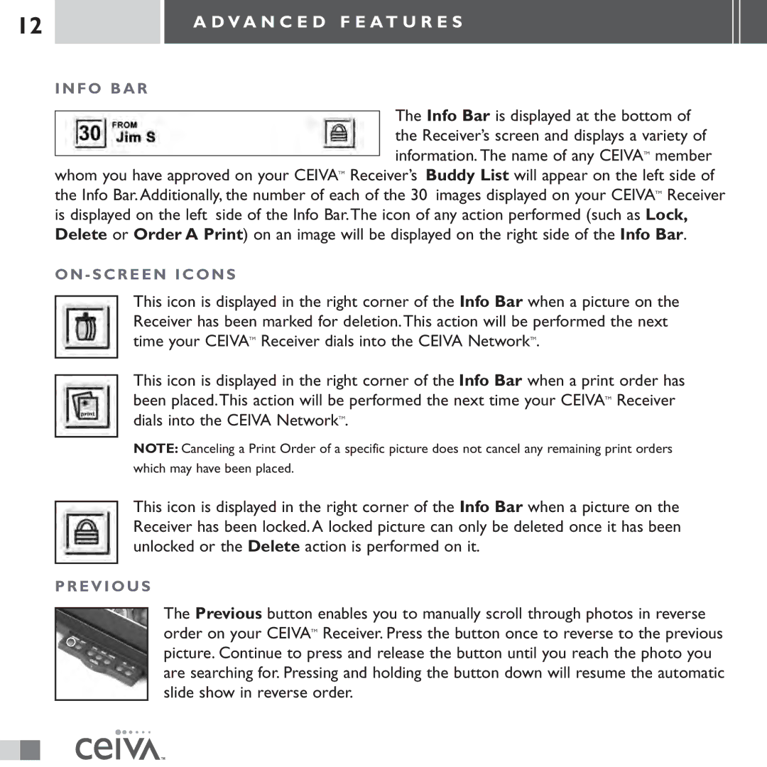 Ceiva LF3000 manual Info BAR, On Screen Icons, Previous 