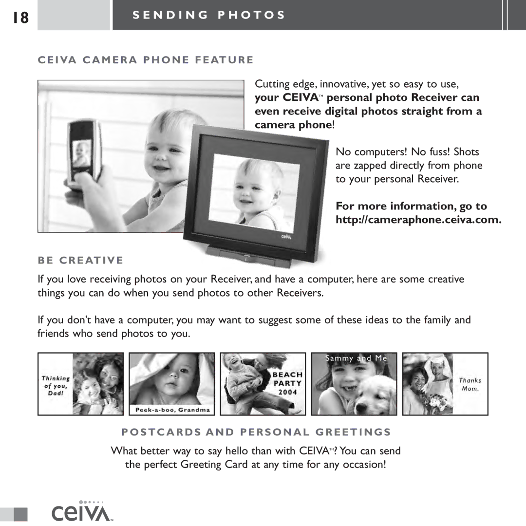 Ceiva LF3000 manual Ceiva Camera Phone Feature, Be Creative, Postcards and Personal Greetings 