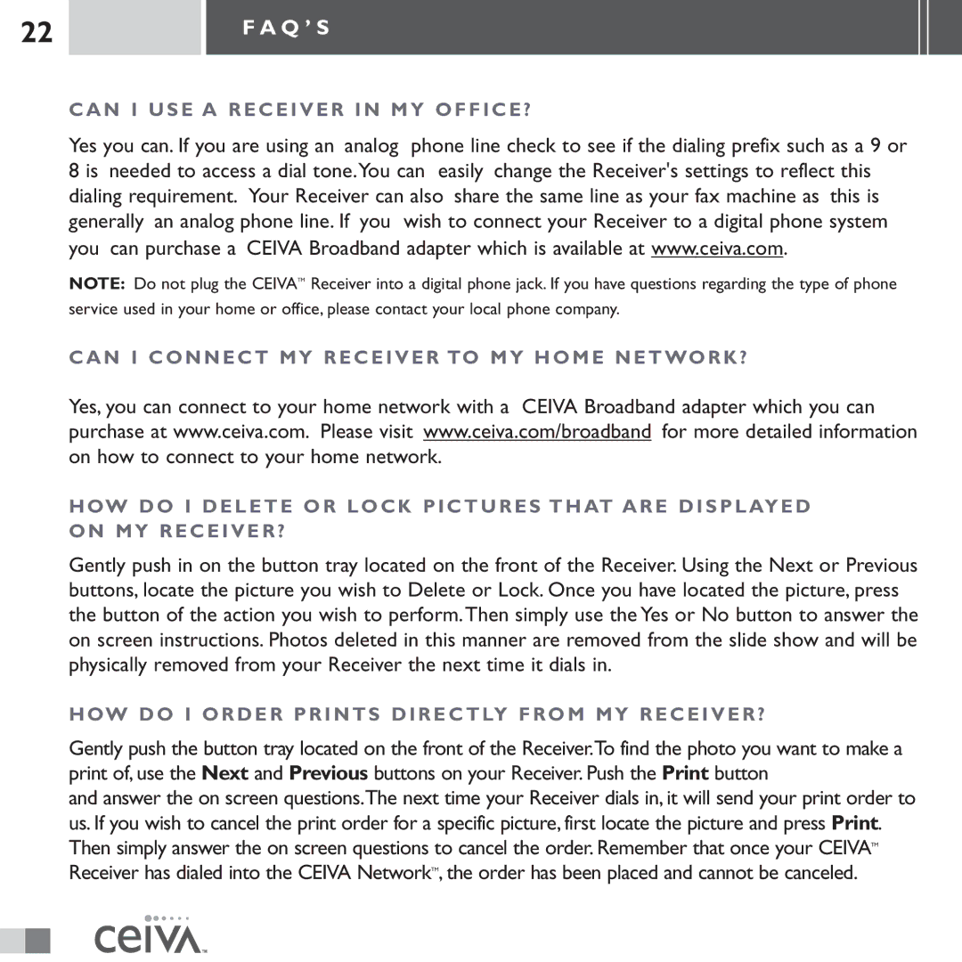 Ceiva LF3000 manual HOW do I Order Prints Directly from MY RECEIVER? 