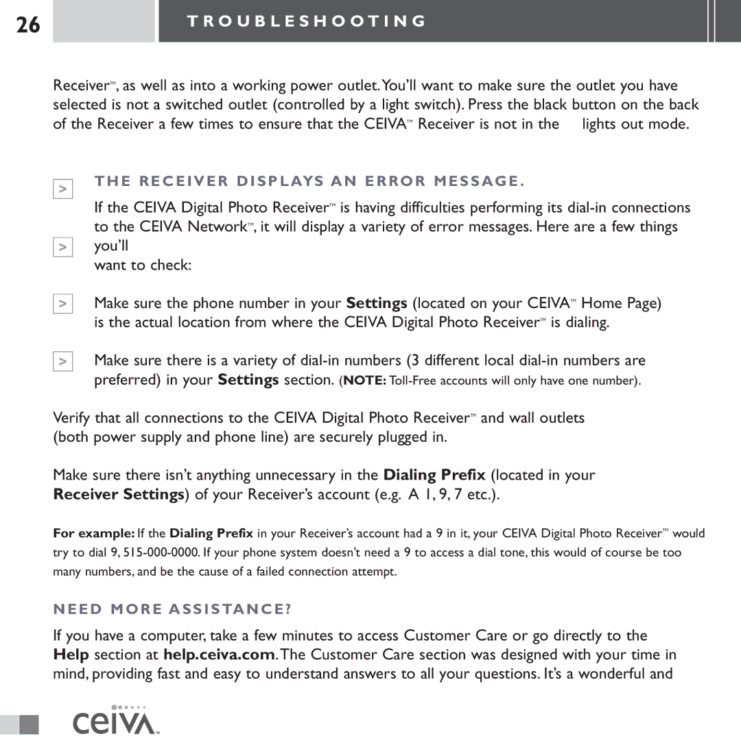 Ceiva LF3000 manual Receiver Displays AN Error Message, Need More ASSISTANCE? 