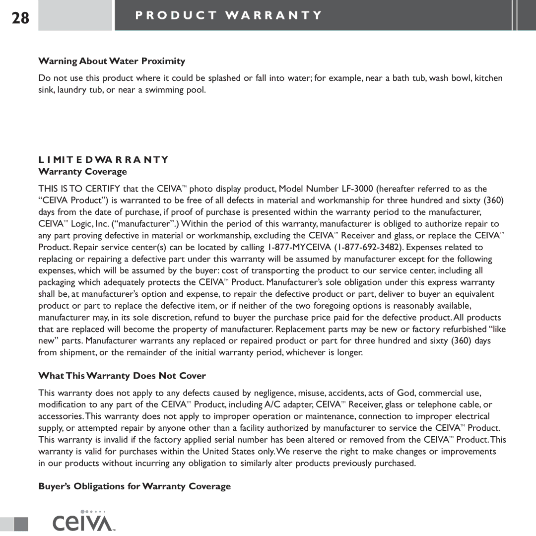 Ceiva LF3000 manual Buyer’s Obligations for Warranty Coverage 