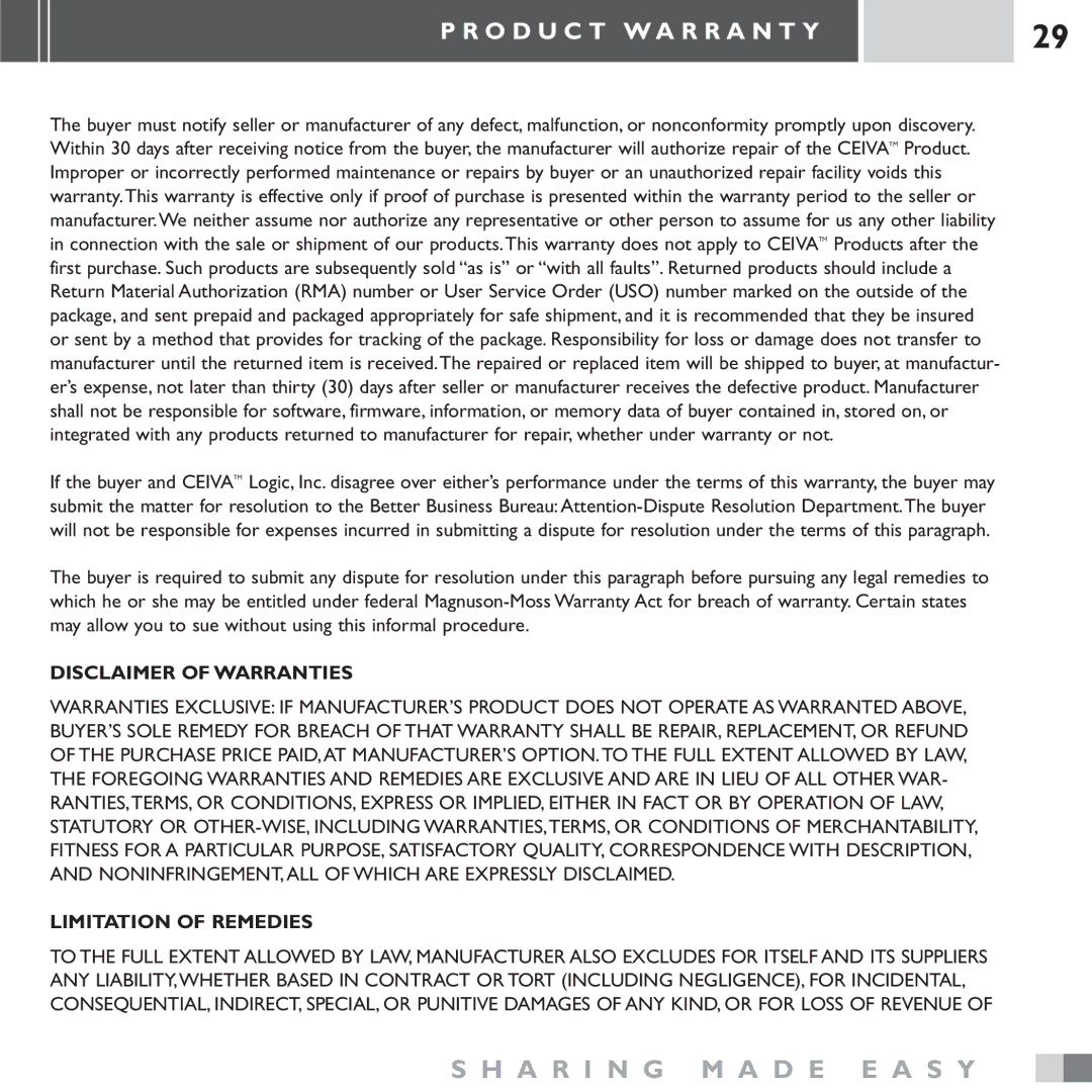 Ceiva LF3000 manual Disclaimer of Warranties 