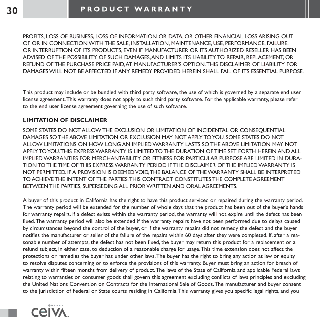 Ceiva LF3000 manual Limitation of Disclaimer 