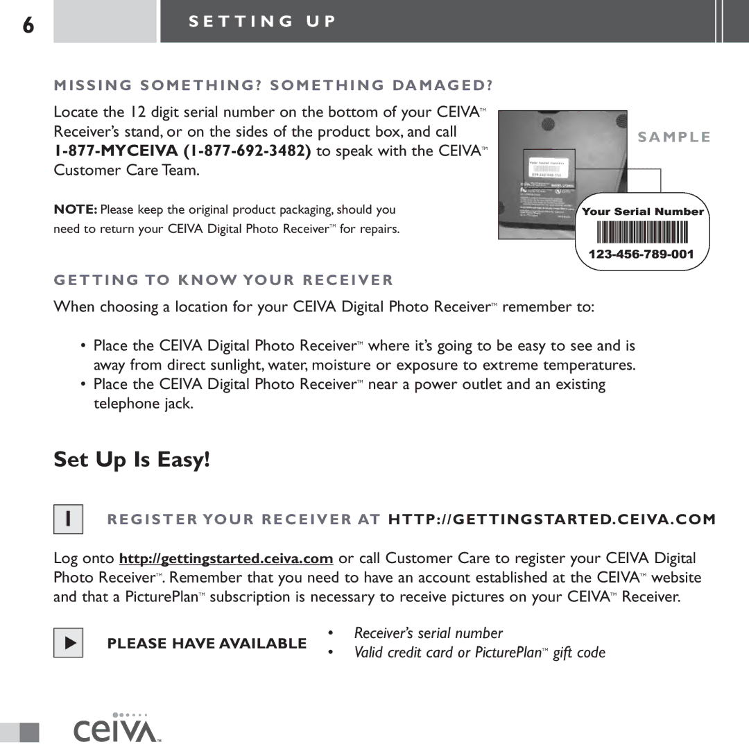 Ceiva LF3000 manual Set Up Is Easy, T T I N G U P, Missing SOMETHING? Something DAMAGED?, Getting to Know Your Receiver 