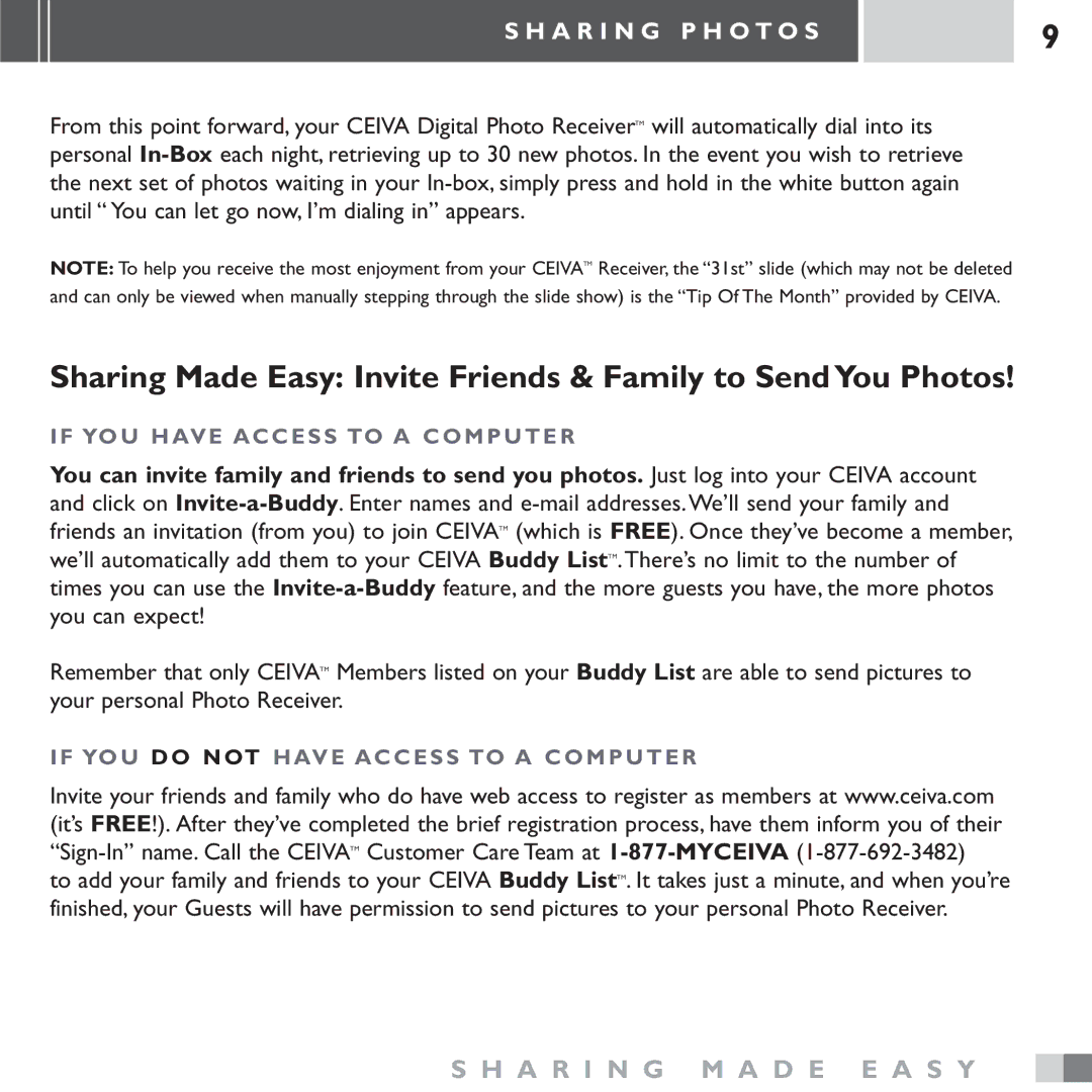 Ceiva LF3000 manual Sharing Made Easy Invite Friends & Family to SendYou Photos, A R I N G P H O T O S 