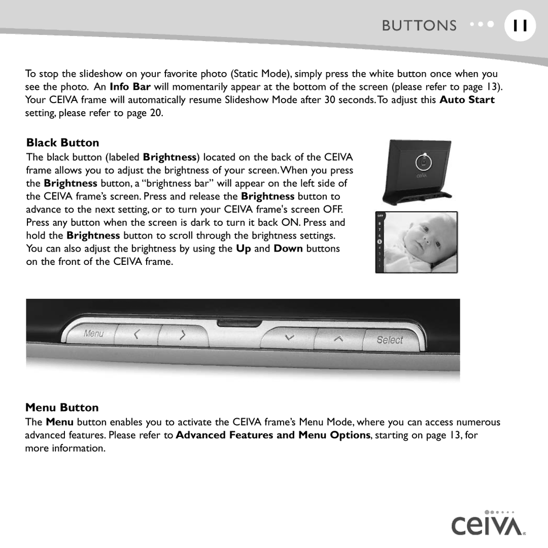 Ceiva LF4008, LF4007, ceiva digital photo frame manual Black Button, Menu Button 