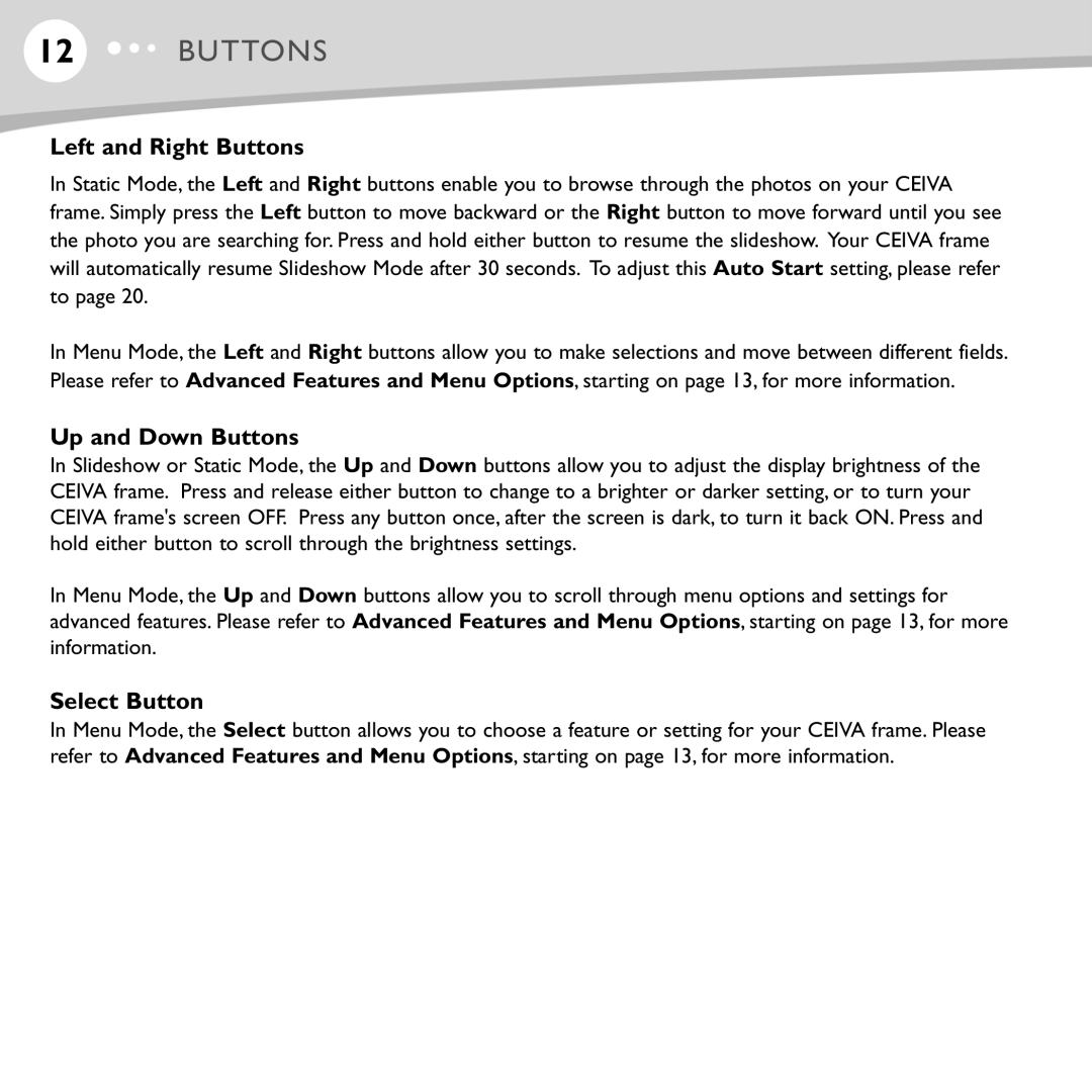 Ceiva LF4007, LF4008, ceiva digital photo frame manual Left and Right Buttons, Up and Down Buttons, Select Button 